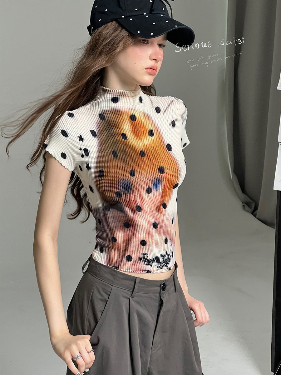 Doll Graphic Polka Dot Pleated T-Shirt