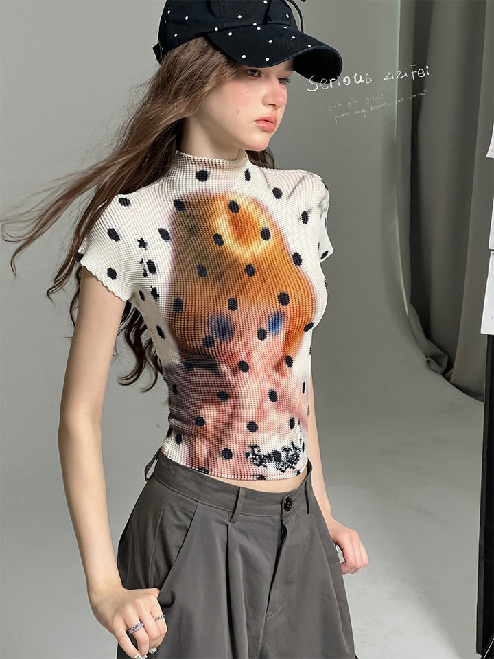 Doll Graphic Polka Dot Pleated T-Shirt