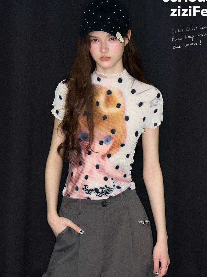 Doll Graphic Polka Dot Pleated T-Shirt