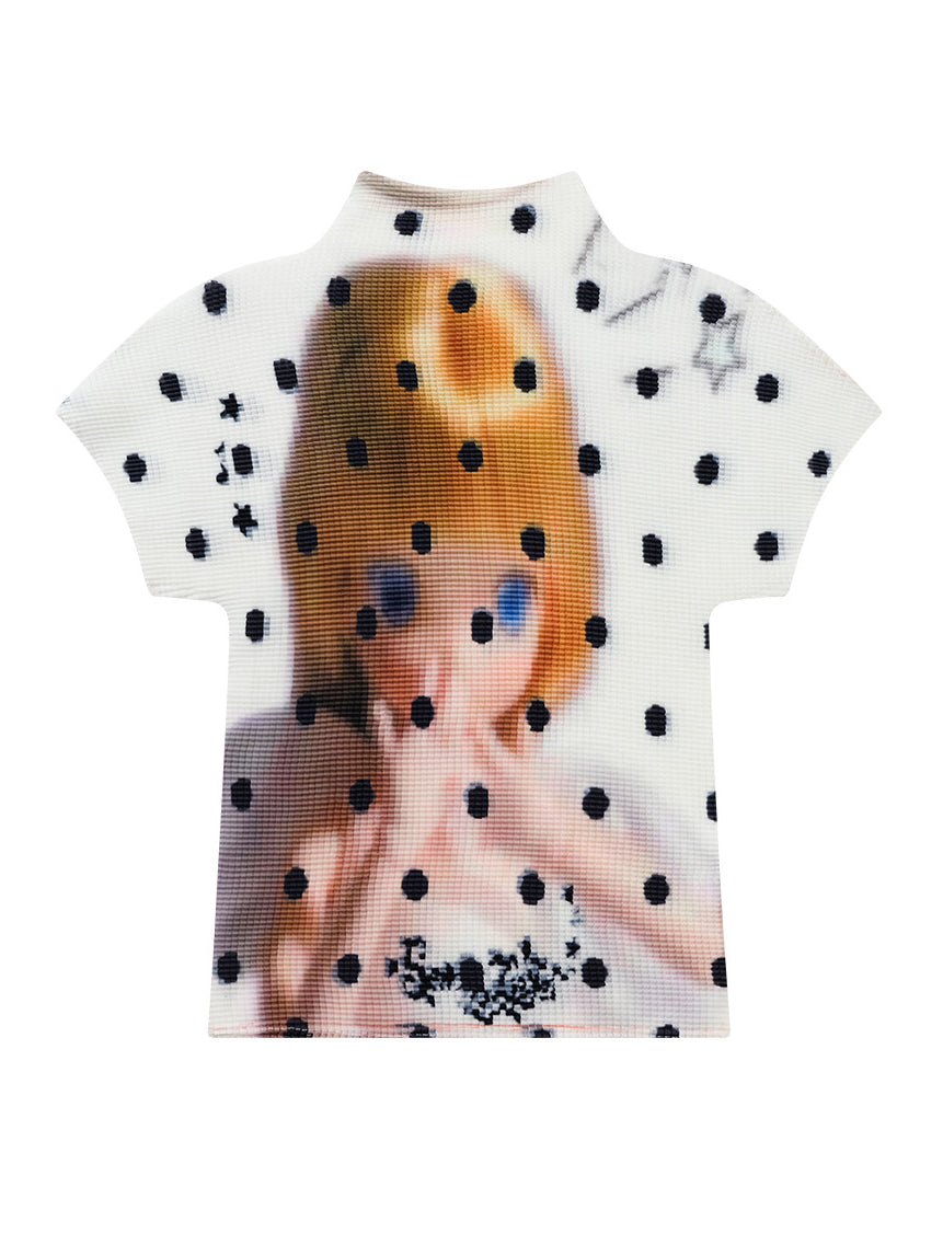 Doll Graphic Polka Dot Pleated T-Shirt
