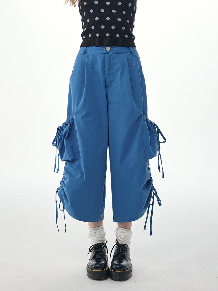 Blue Drawstring Wide Leg Cargo Pants