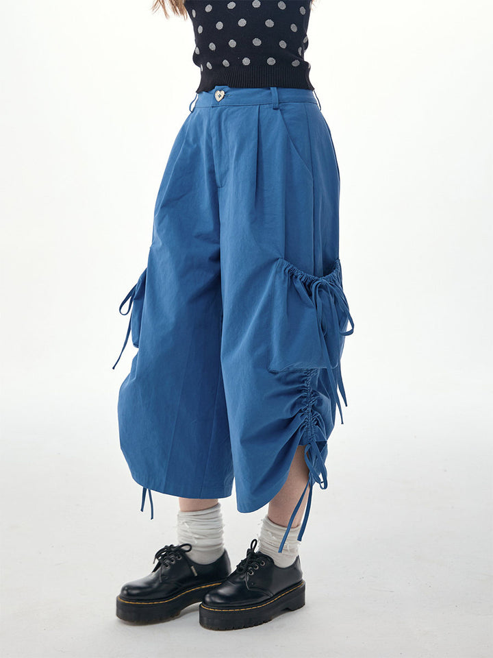 Blue Drawstring Wide Leg Cargo Pants