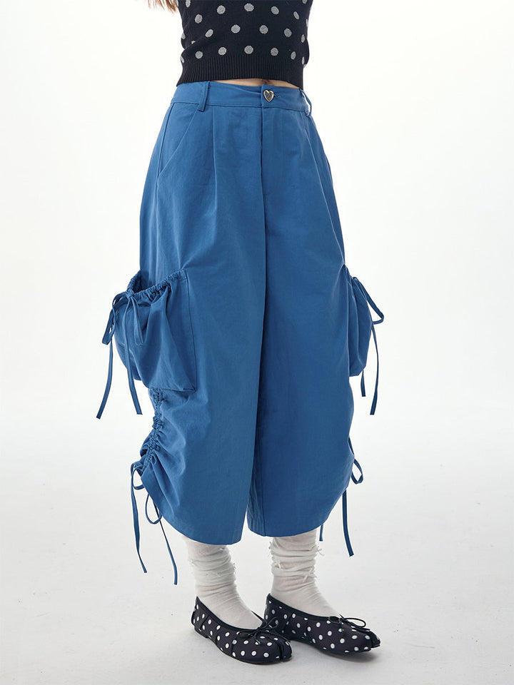 Blue Drawstring Wide Leg Cargo Pants