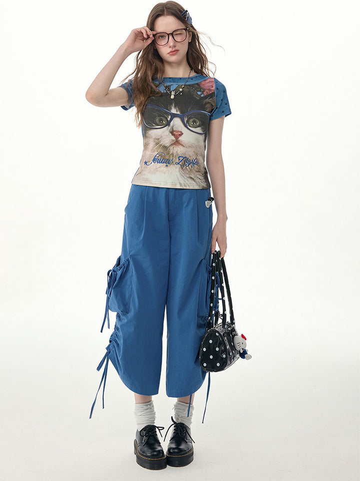 Blue Drawstring Wide Leg Cargo Pants
