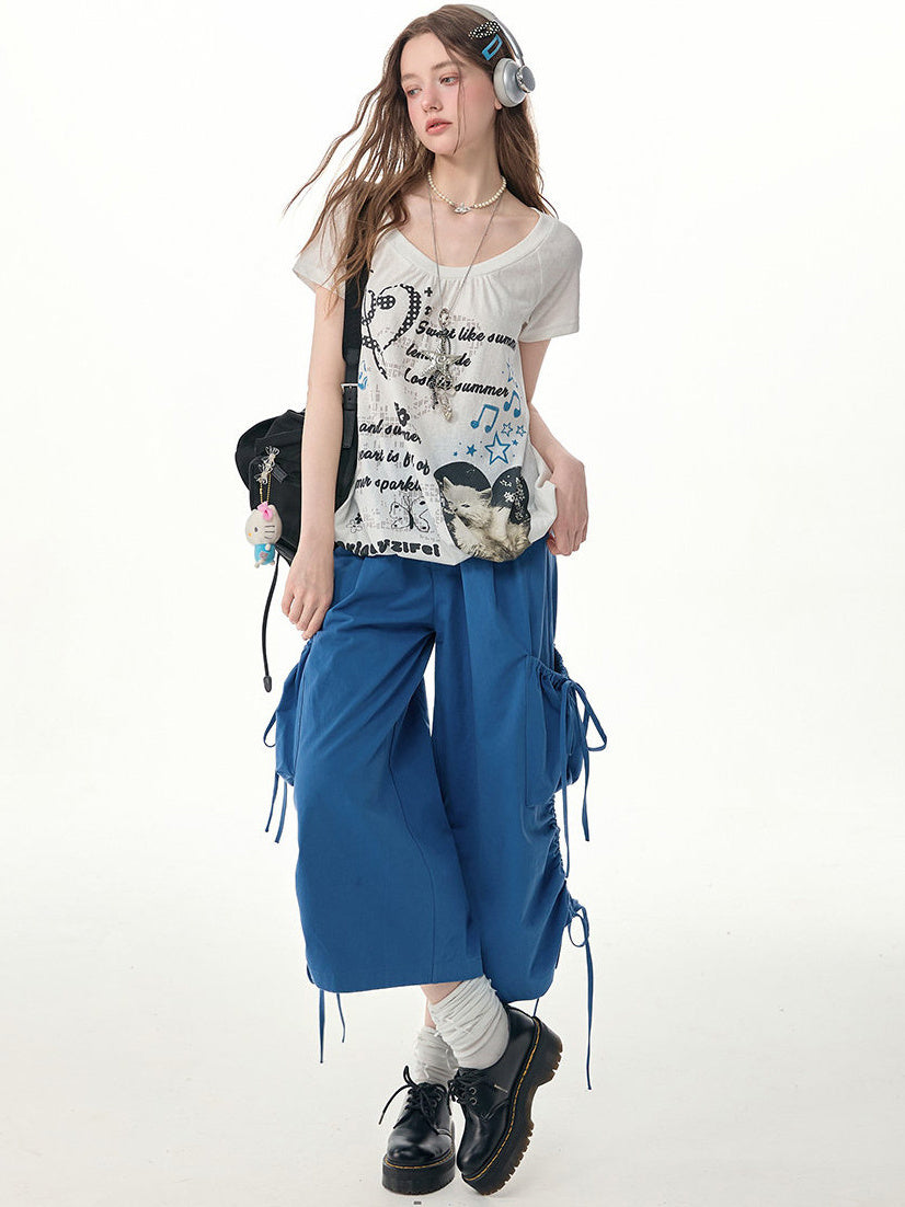 Blue Drawstring Wide Leg Cargo Pants