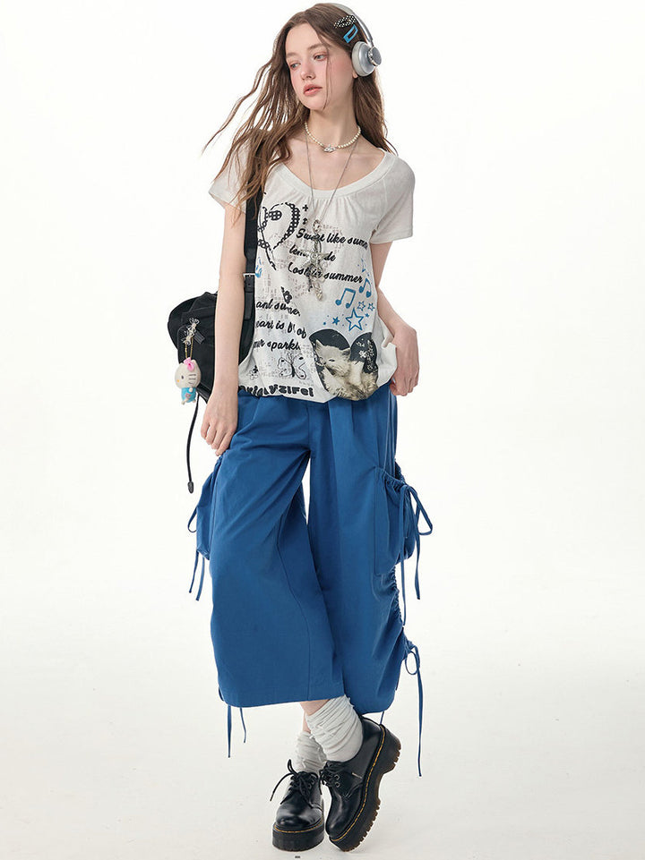 Blue Drawstring Wide Leg Cargo Pants