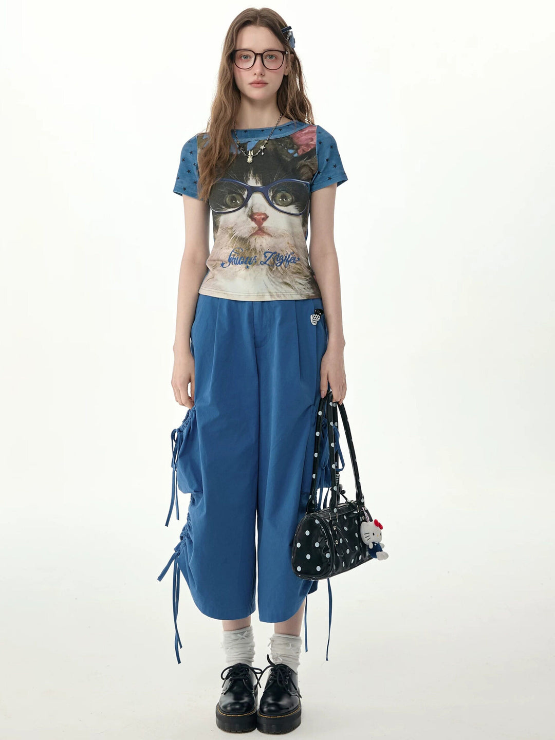 Blue Drawstring Wide Leg Cargo Pants