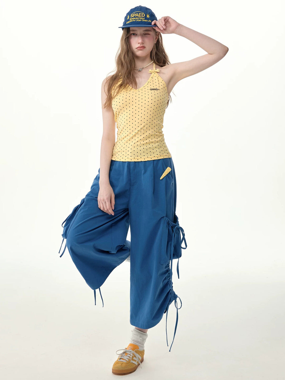 Blue Drawstring Wide Leg Cargo Pants