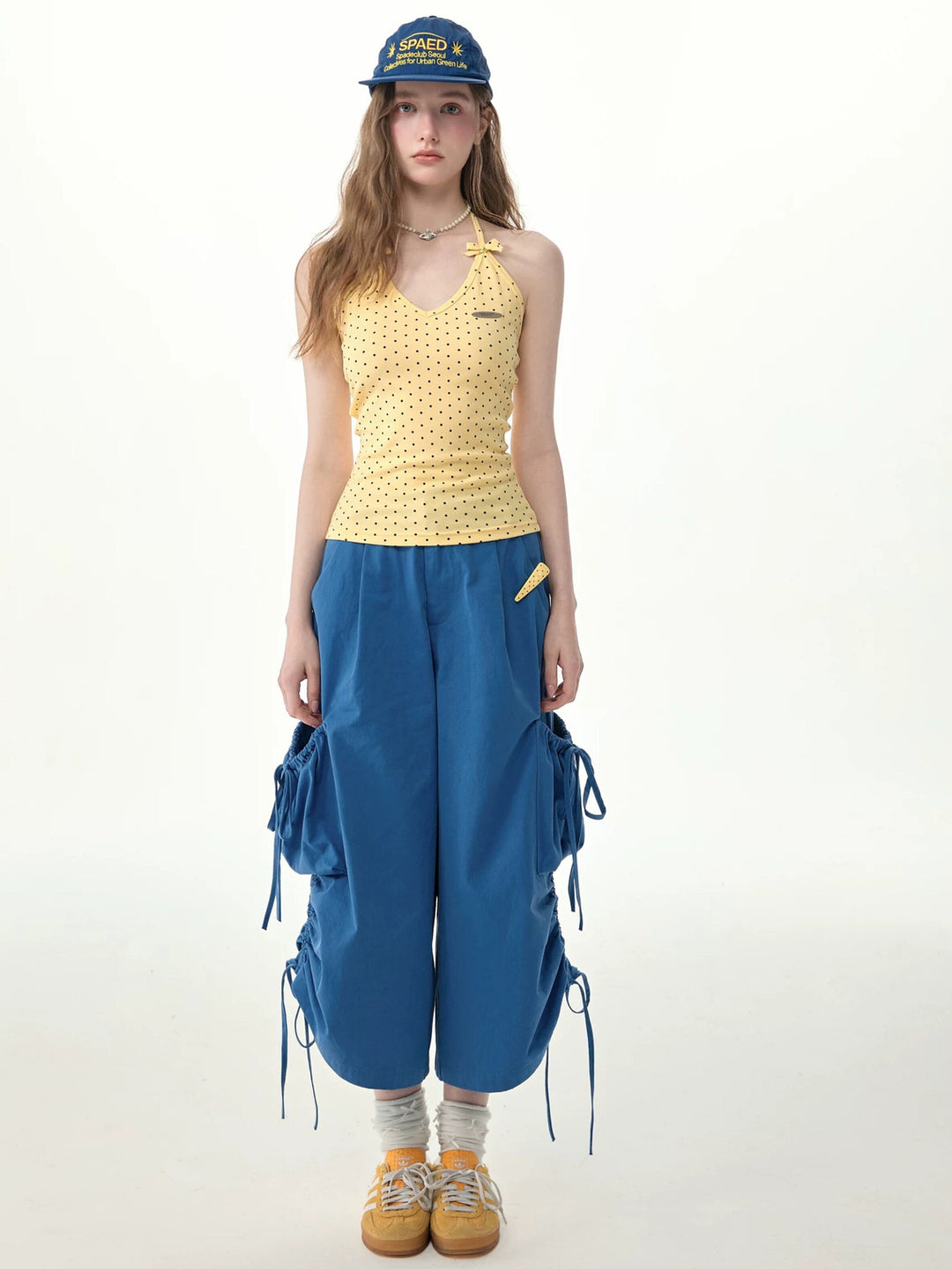 Blue Drawstring Wide Leg Cargo Pants