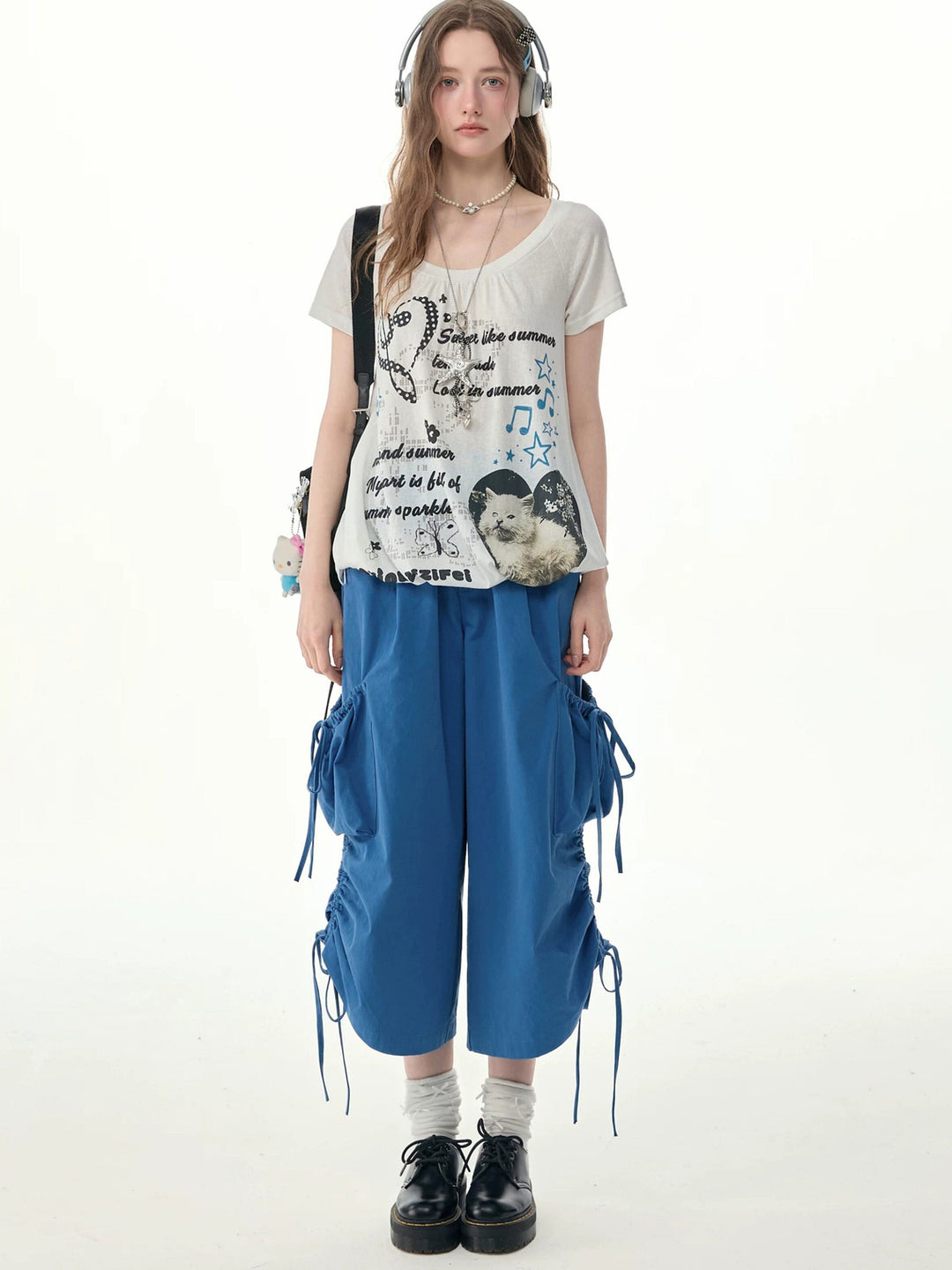 Blue Drawstring Wide Leg Cargo Pants