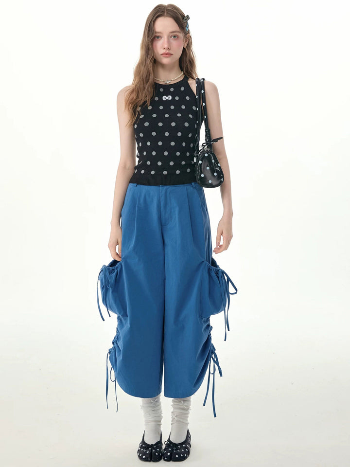 Blue Drawstring Wide Leg Cargo Pants