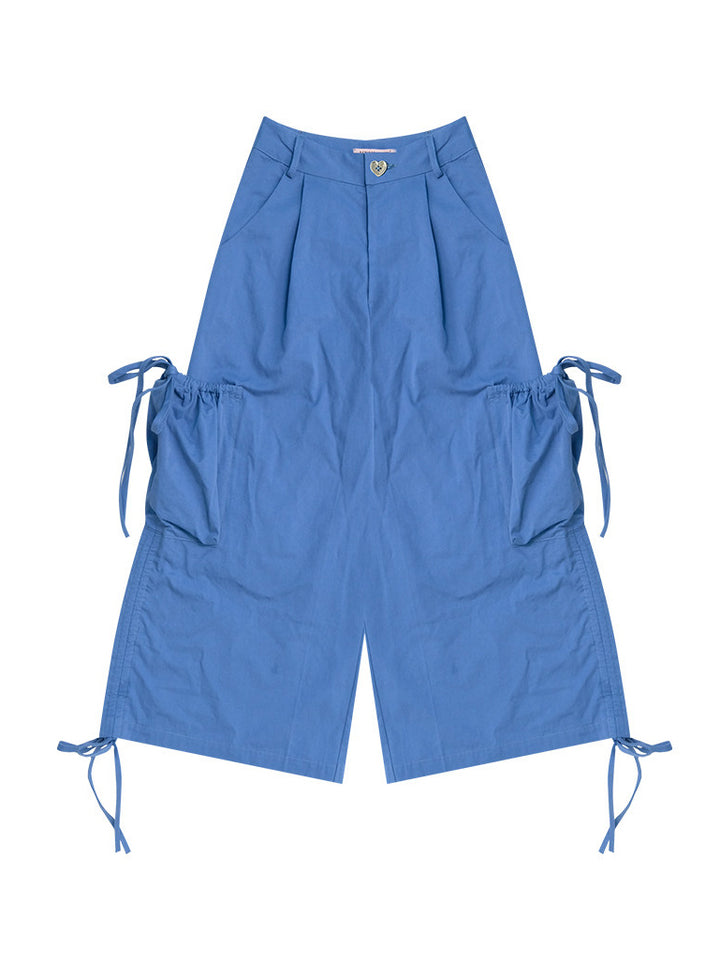 Blue Drawstring Wide Leg Cargo Pants