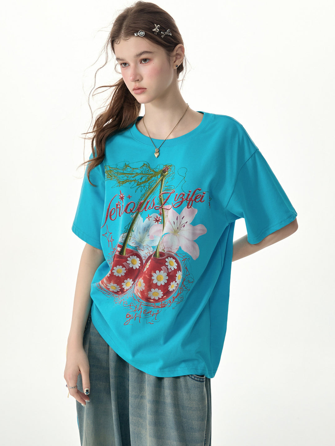 Oversized Daisy Cherry Graphic T-Shirt