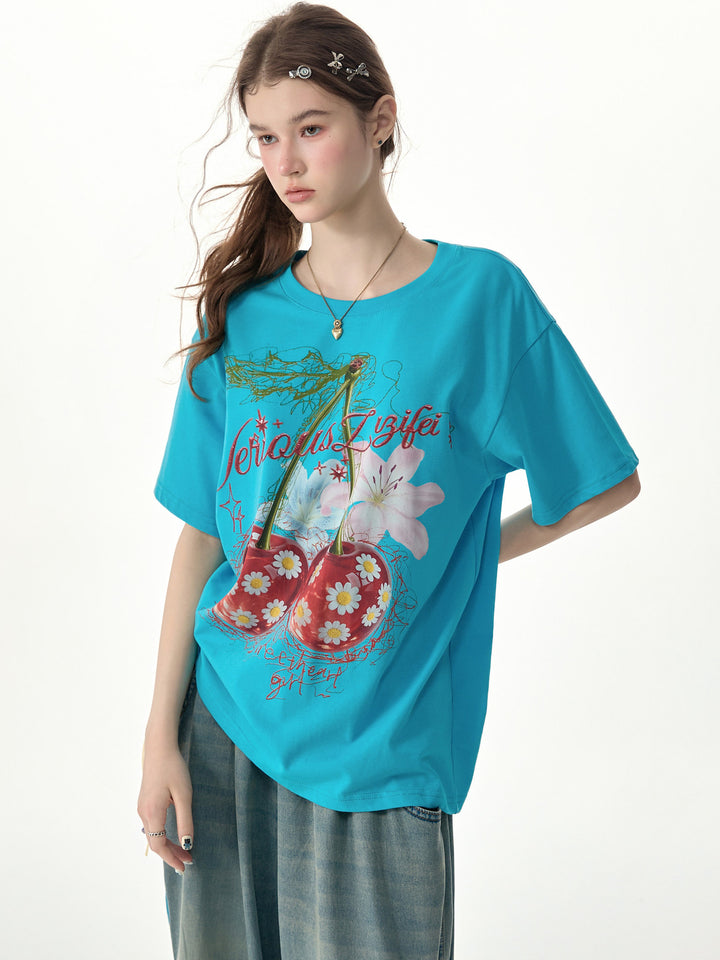 Oversized Daisy Cherry Graphic T-Shirt