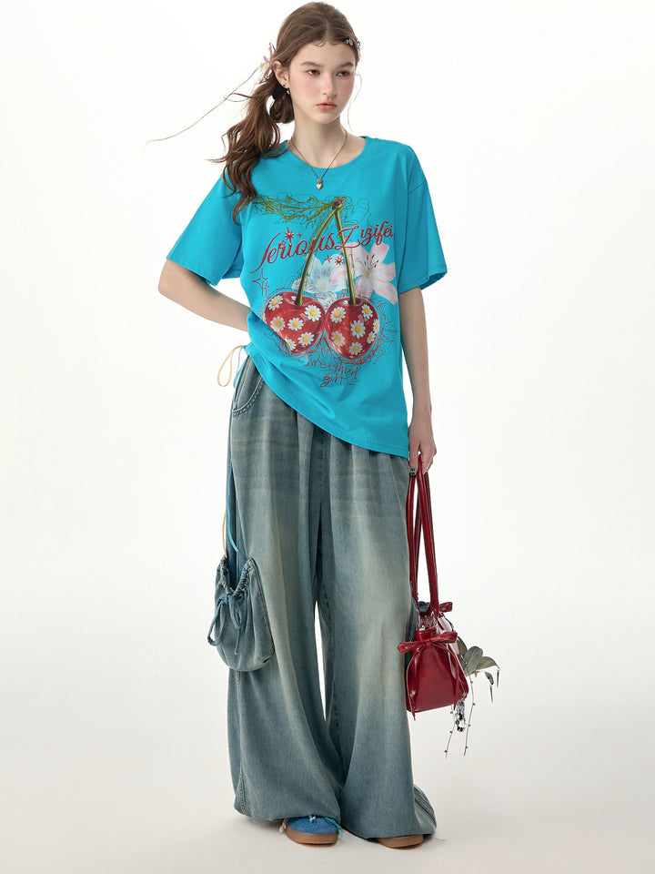 Oversized Daisy Cherry Graphic T-Shirt