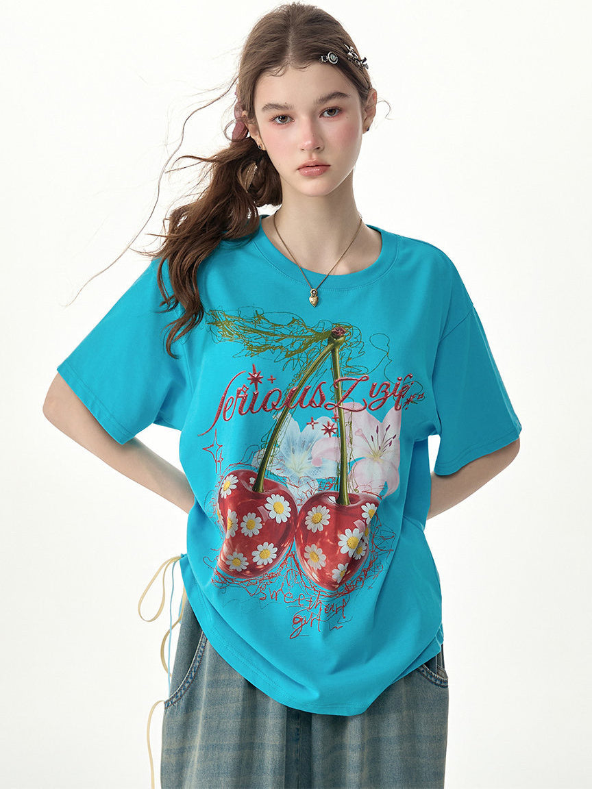Oversized Daisy Cherry Graphic T-Shirt