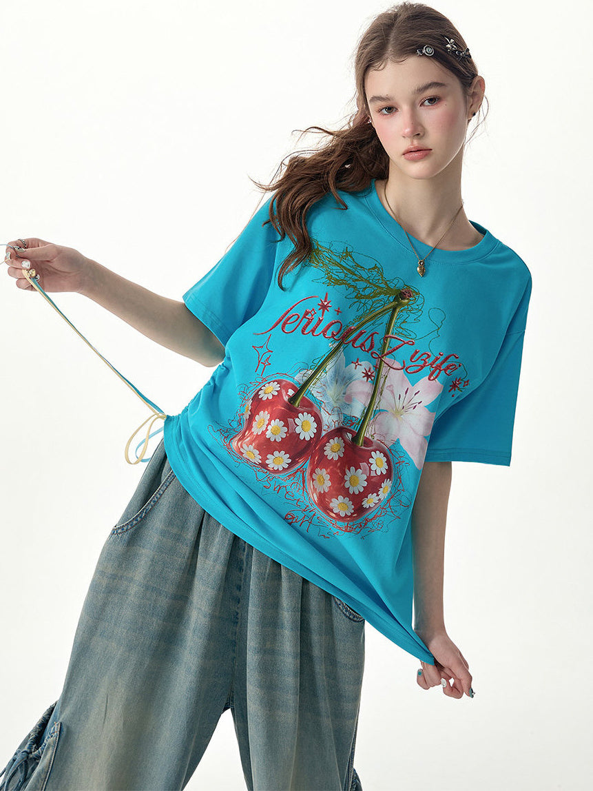 Oversized Daisy Cherry Graphic T-Shirt