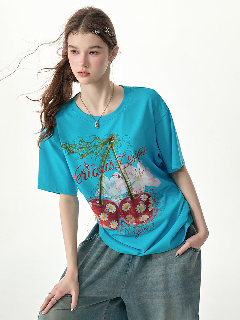 Oversized Daisy Cherry Graphic T-Shirt