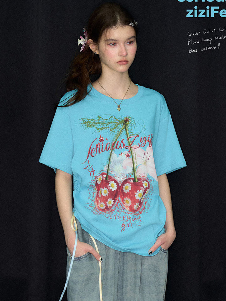 Oversized Daisy Cherry Graphic T-Shirt