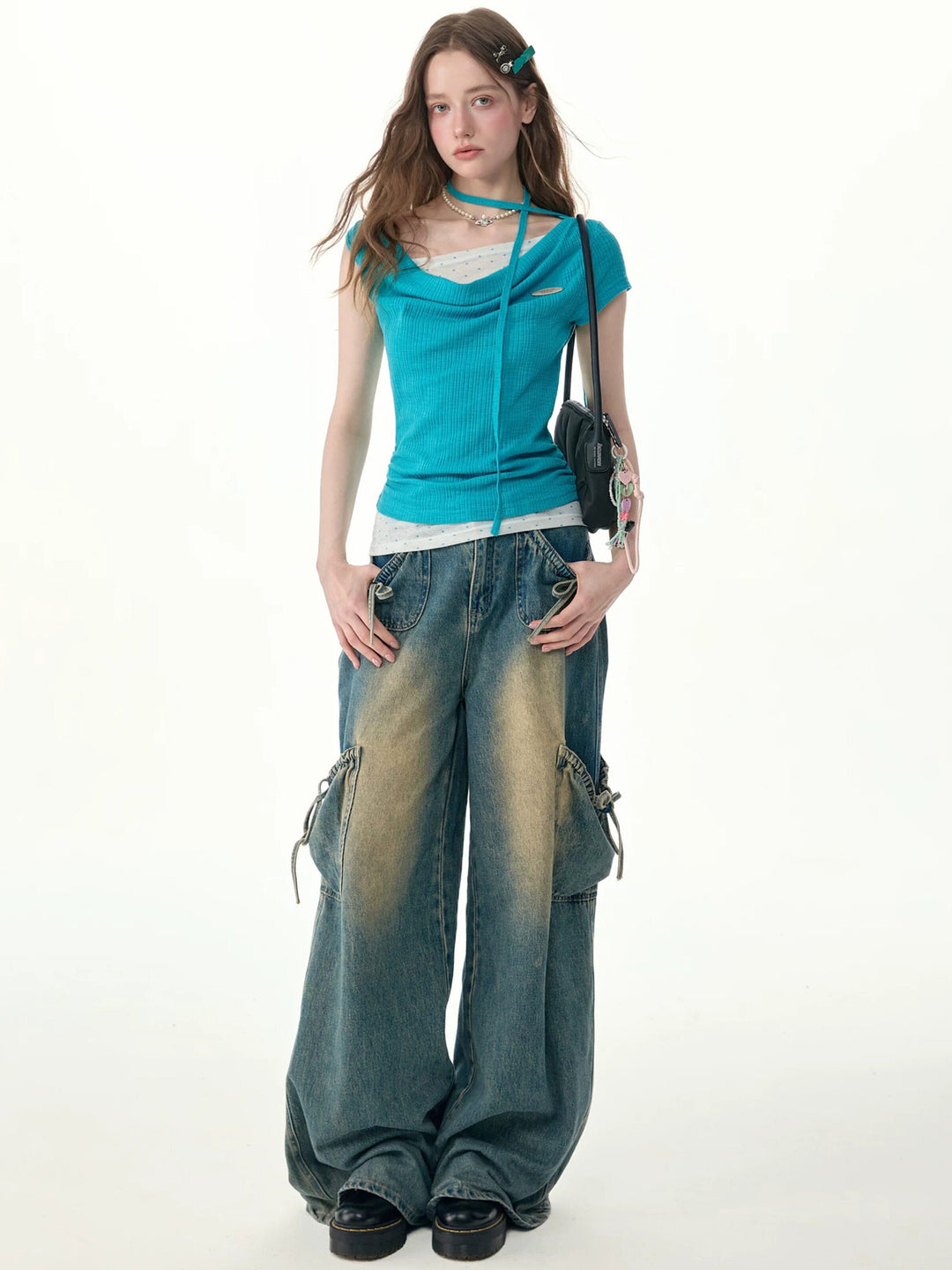 Y2K Layered Cowl Neck T-Shirt