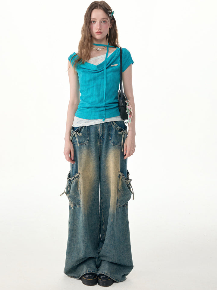 Y2K Layered Cowl Neck T-Shirt