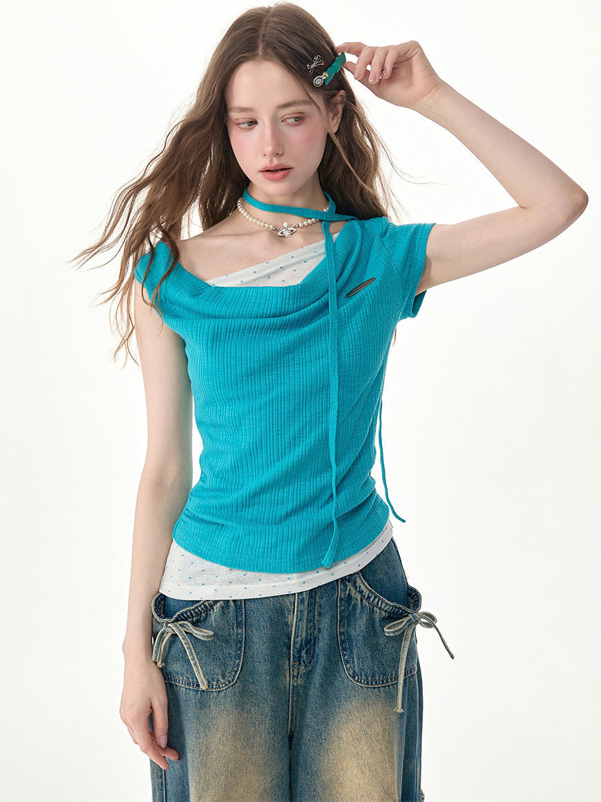 Y2K Layered Cowl Neck T-Shirt