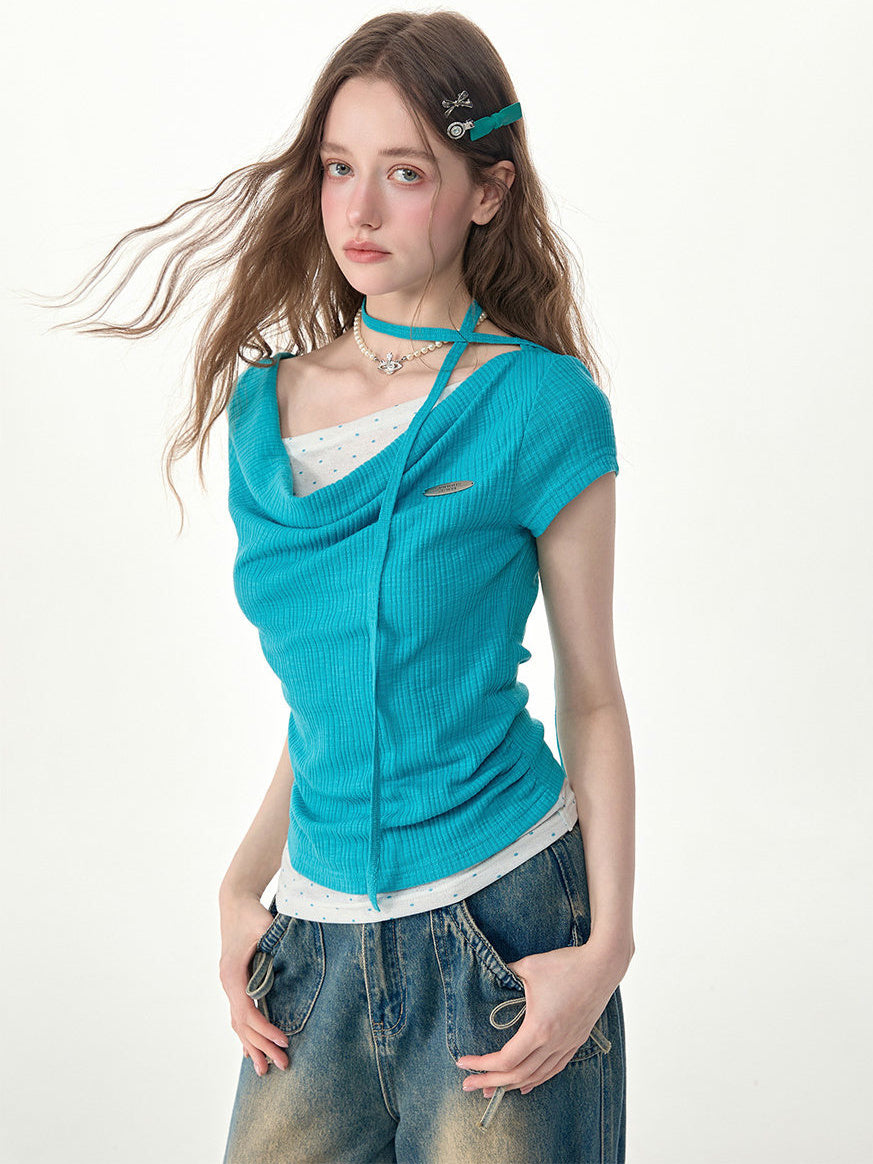 Y2K Layered Cowl Neck T-Shirt