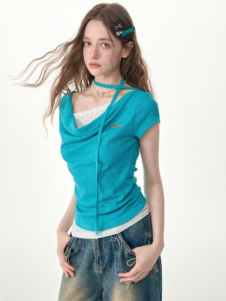 Y2K Layered Cowl Neck T-Shirt