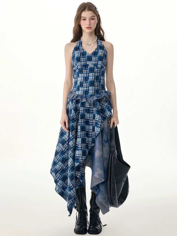 Blue Plaid Asymmetric Halter Dress
