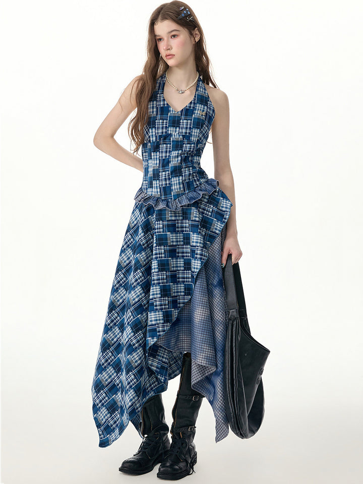 Blue Plaid Asymmetric Halter Dress