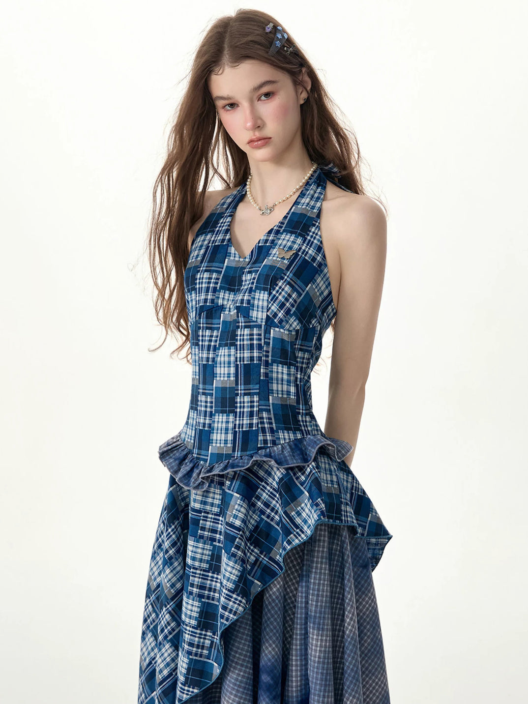 Blue Plaid Asymmetric Halter Dress