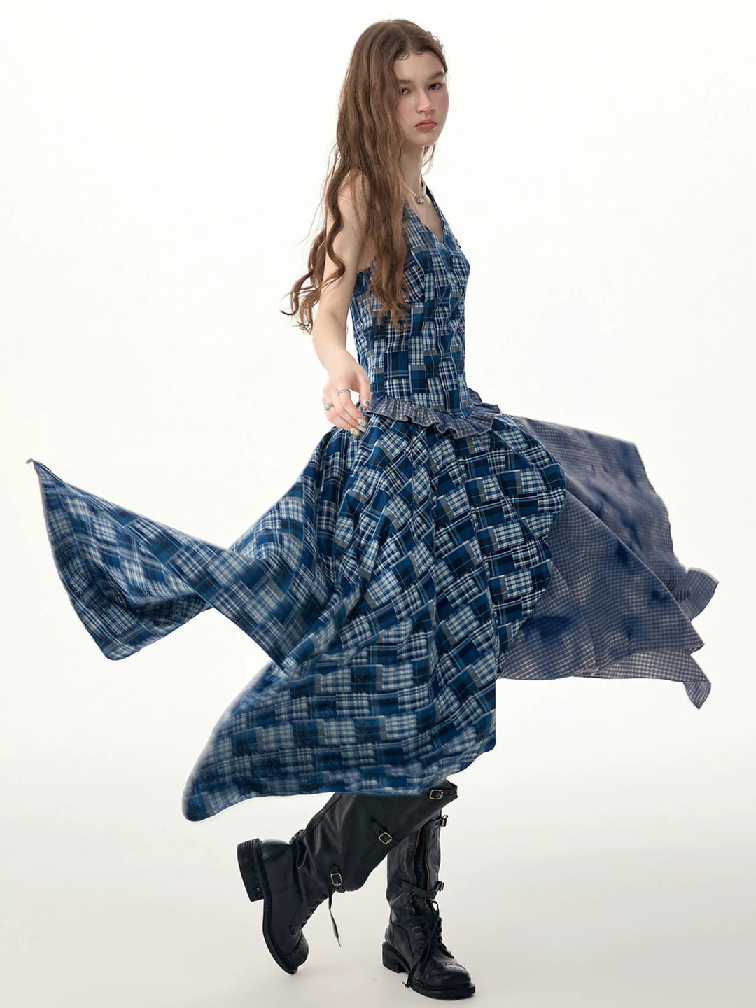 Blue Plaid Asymmetric Halter Dress