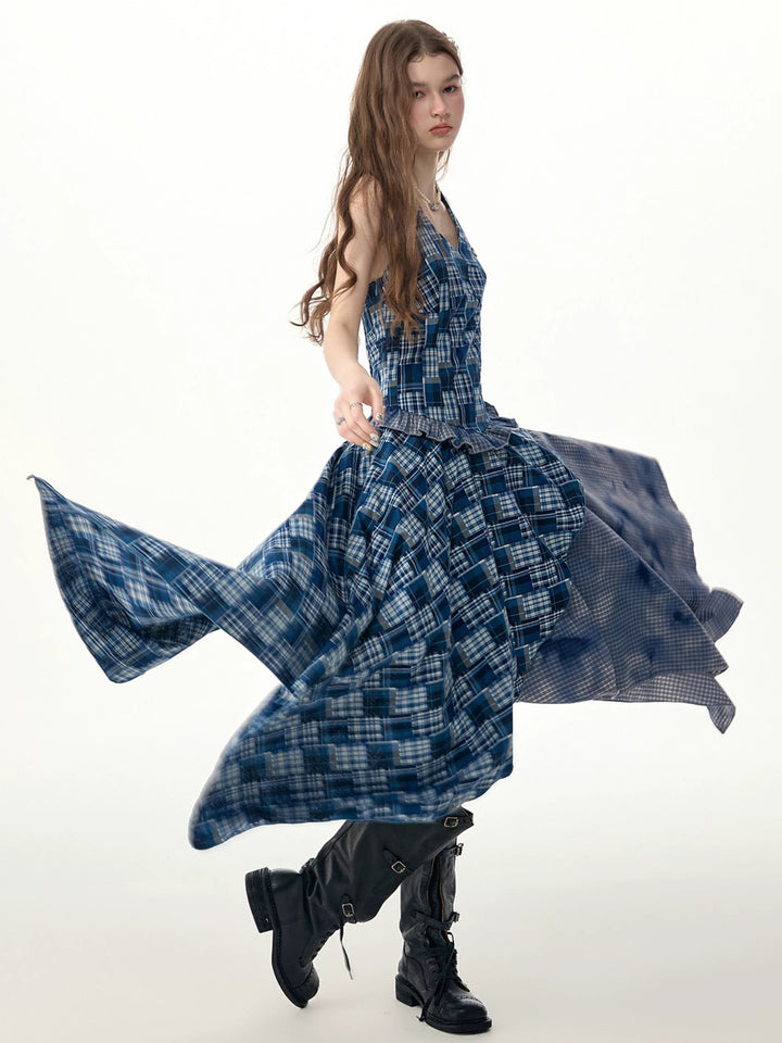 Blue Plaid Asymmetric Halter Dress