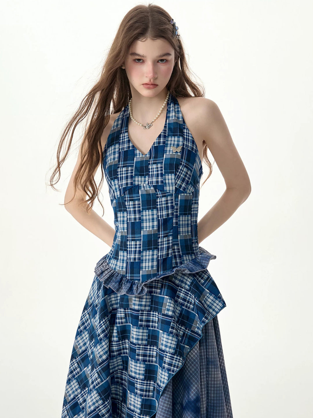 Blue Plaid Asymmetric Halter Dress