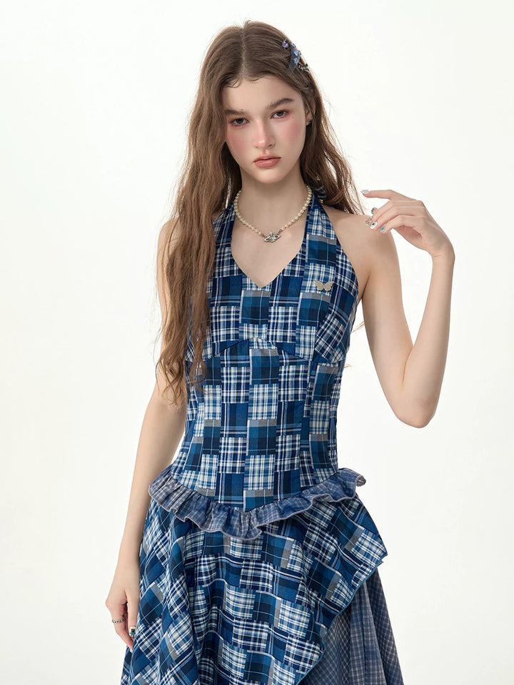 Blue Plaid Asymmetric Halter Dress