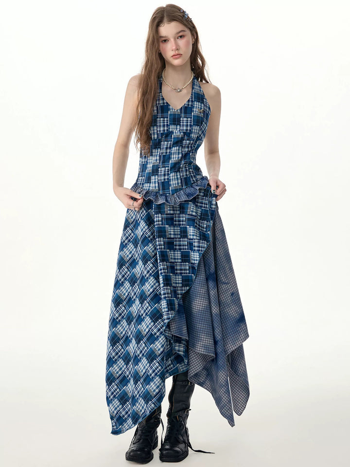 Blue Plaid Asymmetric Halter Dress
