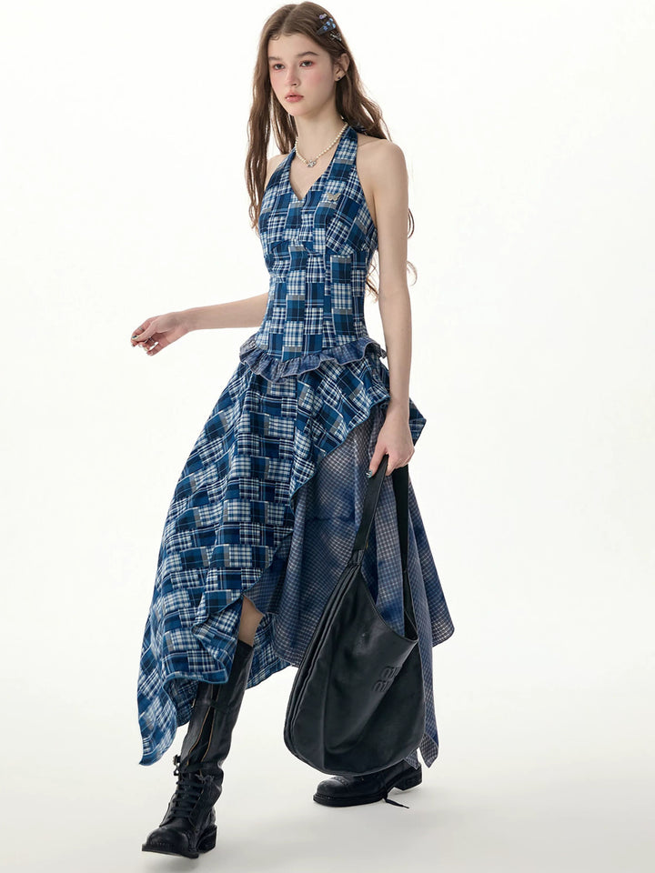 Blue Plaid Asymmetric Halter Dress