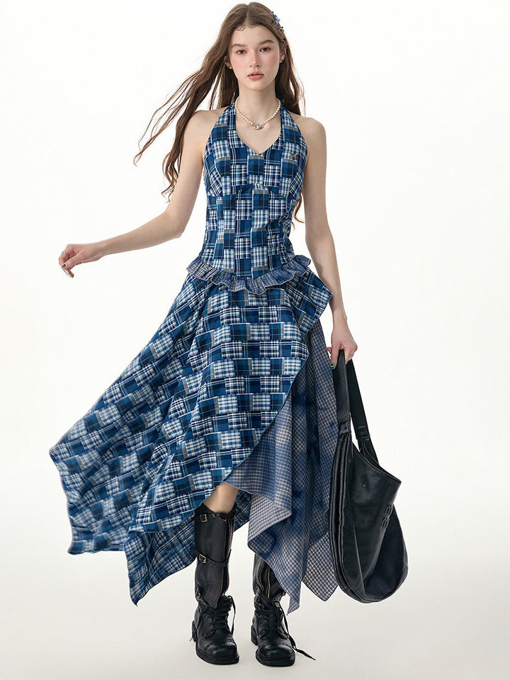 Blue Plaid Asymmetric Halter Dress