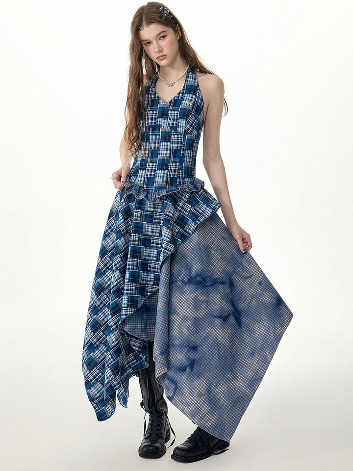 Blue Plaid Asymmetric Halter Dress