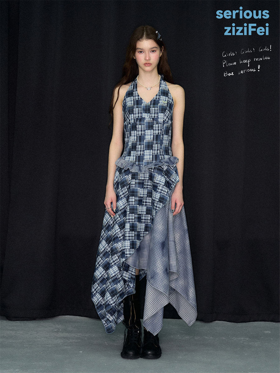 Blue Plaid Asymmetric Halter Dress