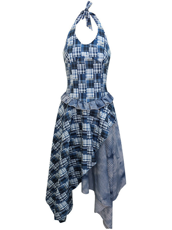 Blue Plaid Asymmetric Halter Dress