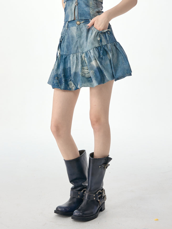 Distressed Patchwork Denim Bubble Skirt