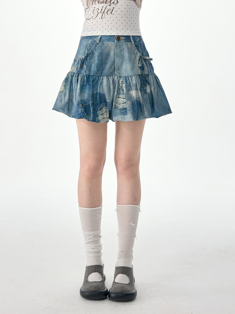 Distressed Patchwork Denim Bubble Skirt