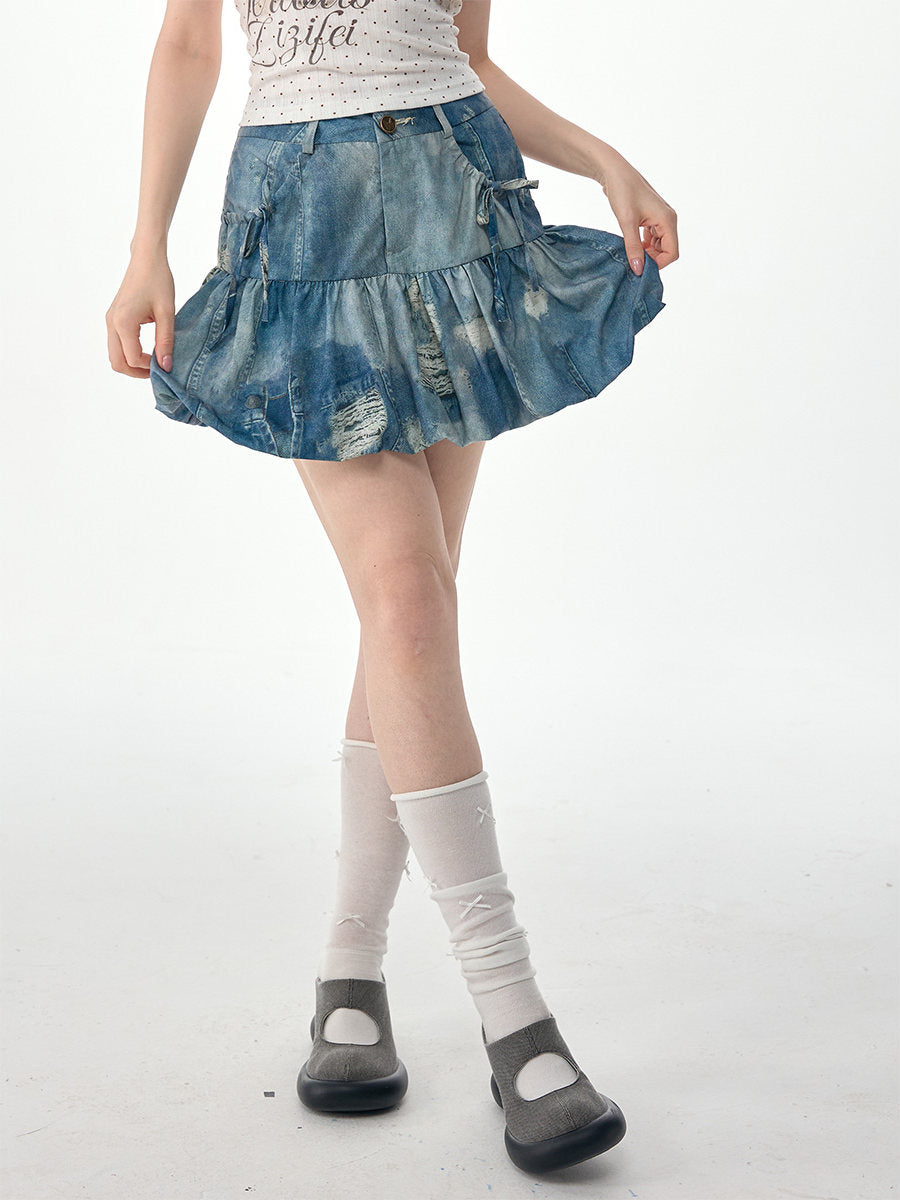 Distressed Patchwork Denim Bubble Skirt