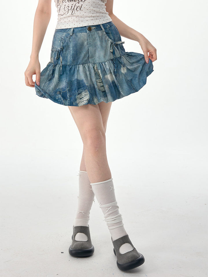 Distressed Patchwork Denim Bubble Skirt