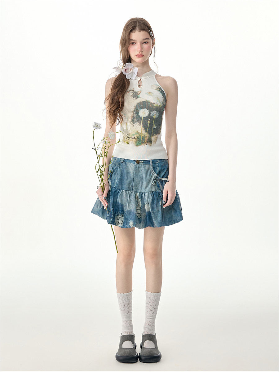 Distressed Patchwork Denim Bubble Skirt