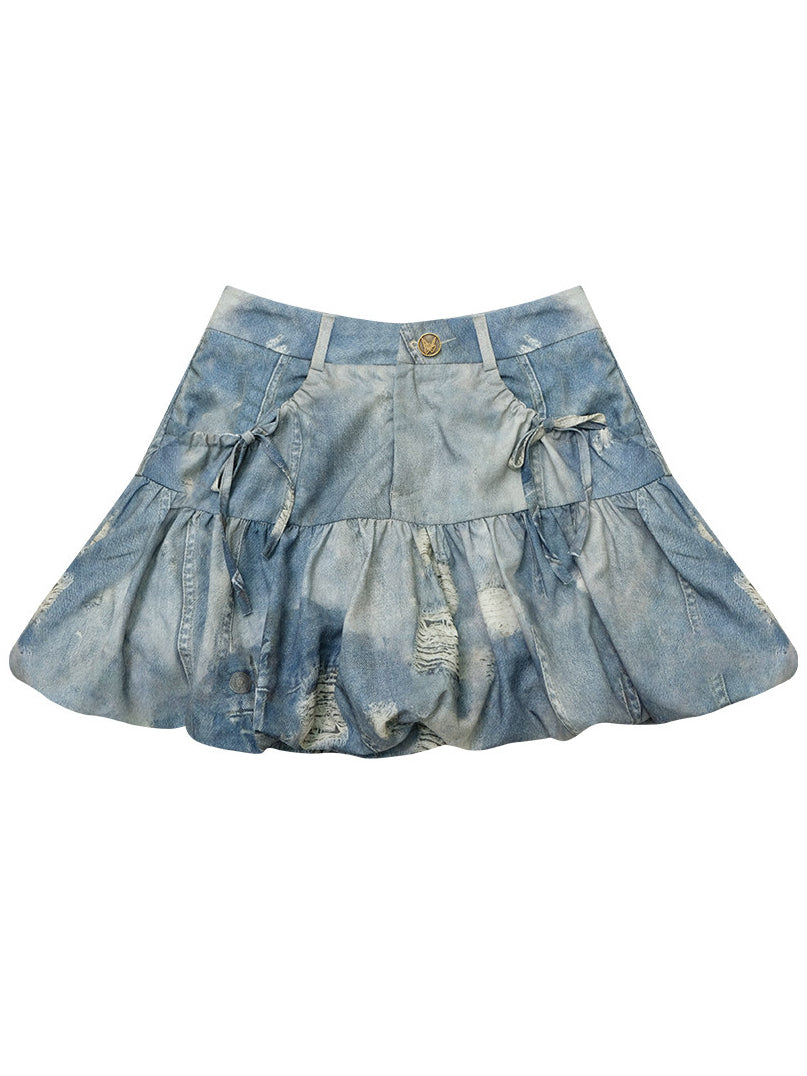 Distressed Patchwork Denim Bubble Skirt