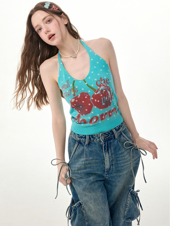 Cherry Polka Dot Knit Halter Top