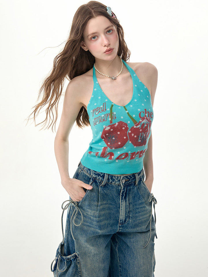 Cherry Polka Dot Knit Halter Top