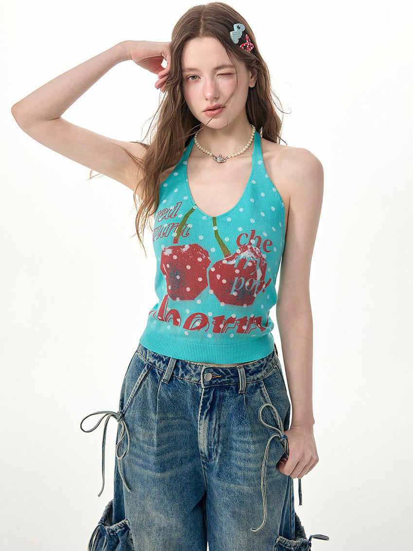Cherry Polka Dot Knit Halter Top